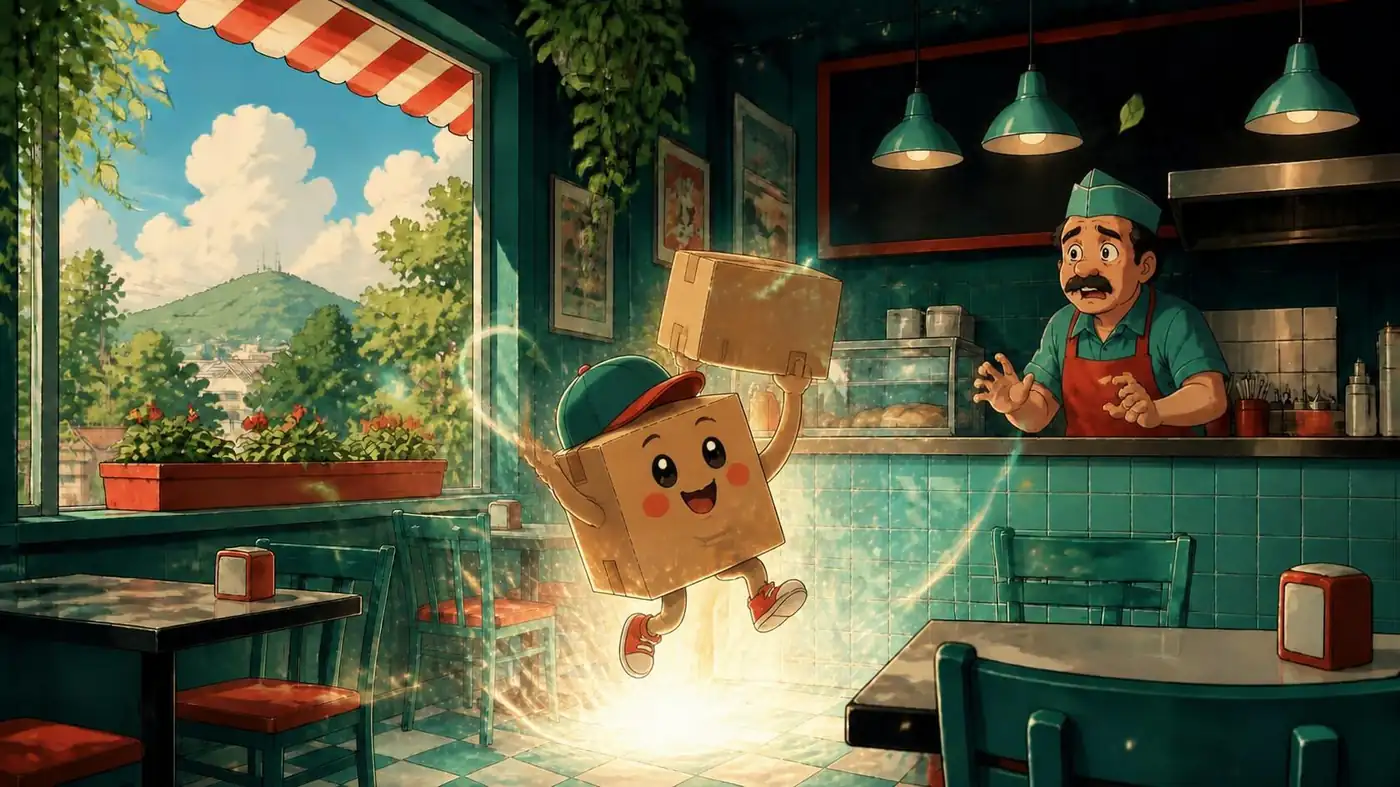Tótem QR y NFC para restaurantes 2 Cajita, la caja mascota de PaquetEnvío, aparece saltando desde una luz brillante en medio del local mientras el dueño se sorprende