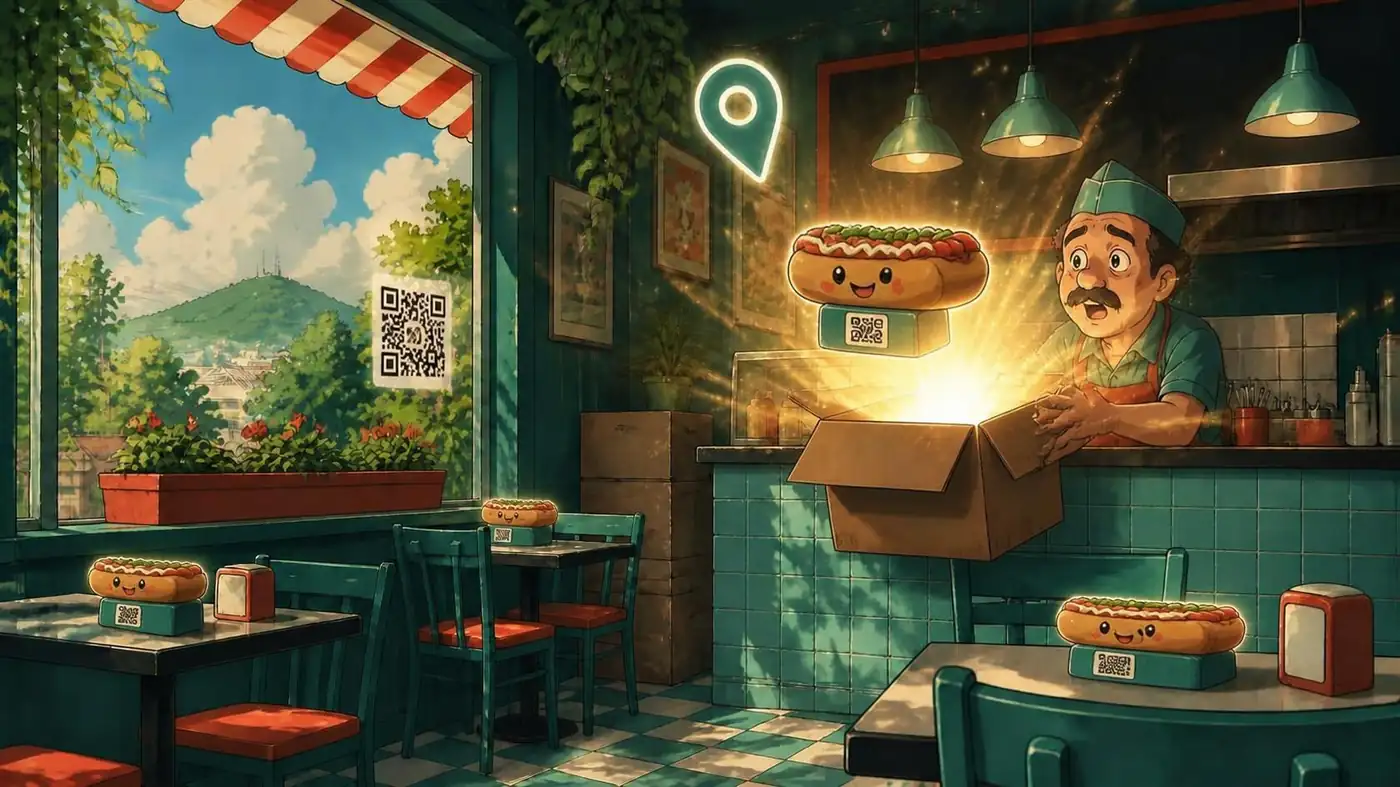 Tótem QR y NFC para restaurantes 4 El dueño abre la caja y sale una luz dorada con un tótem completo con QR, tótems en las mesas, un pin de mapa y un QR en la ventana