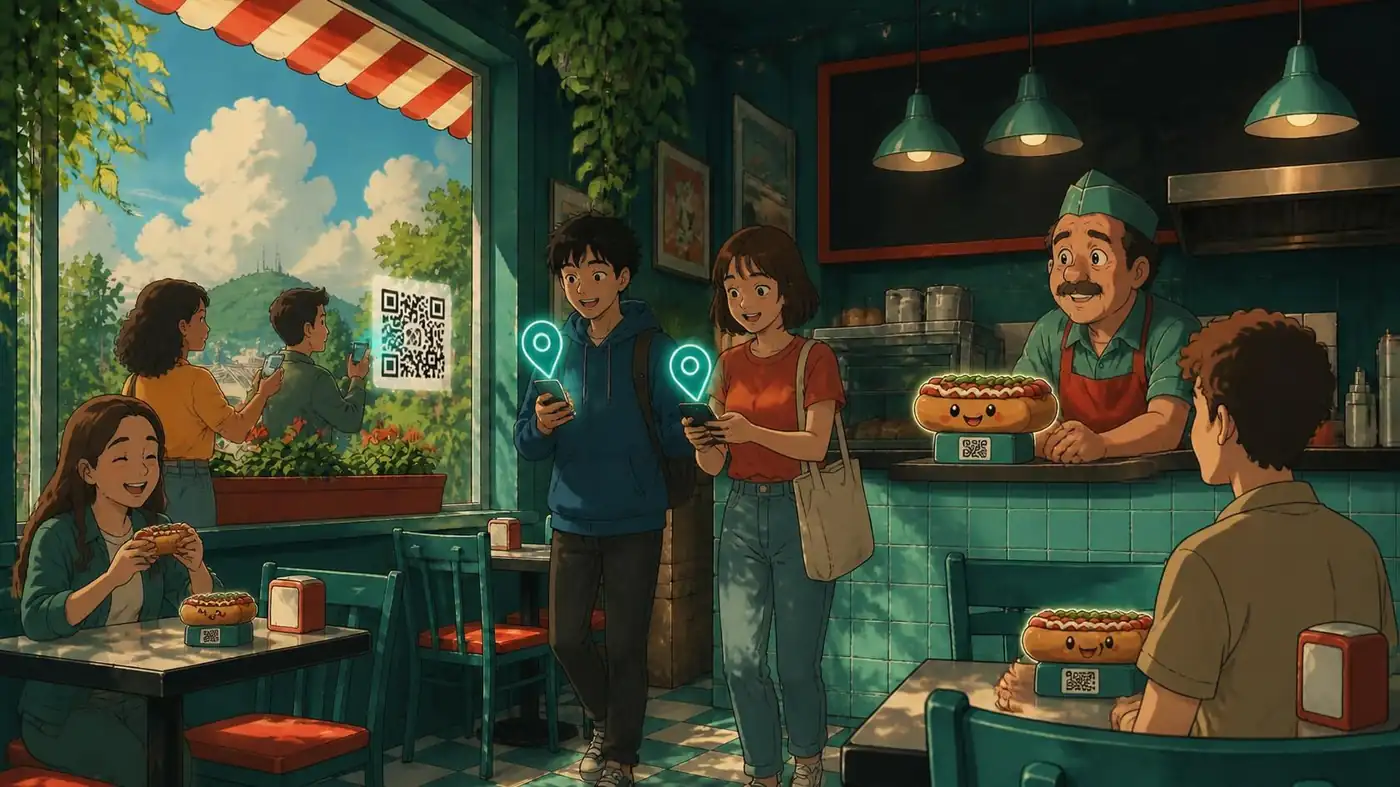Tótem QR y NFC para restaurantes 5 Clientes entran mirando el mapa en sus celulares mientras otros escanean el QR de la ventana desde afuera