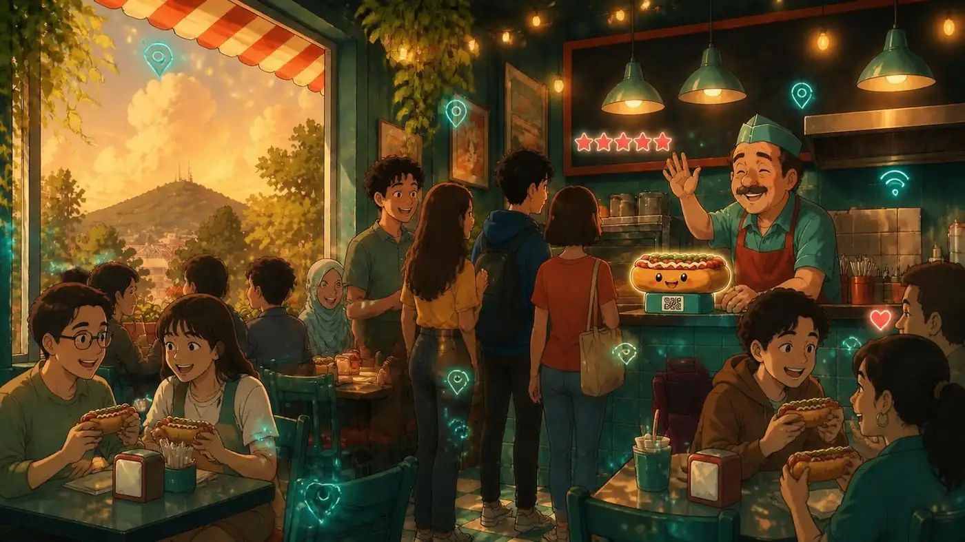 Tótem QR y NFC para restaurantes 6 El local lleno al atardecer, con clientes comiendo completos y el dueño feliz saludando